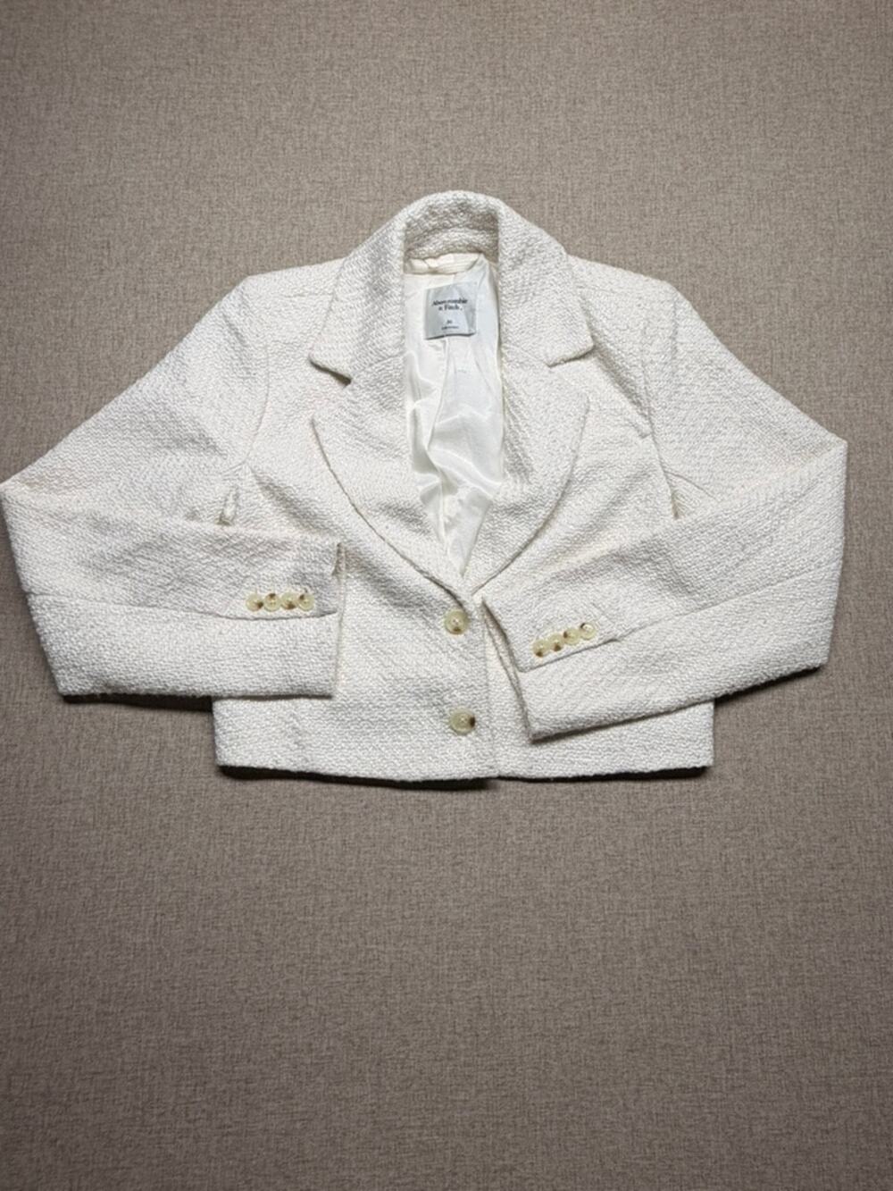 ABERCROMBIE & FITCH Cropped Tweed Textured Blazer Jacket Ivory White Size M